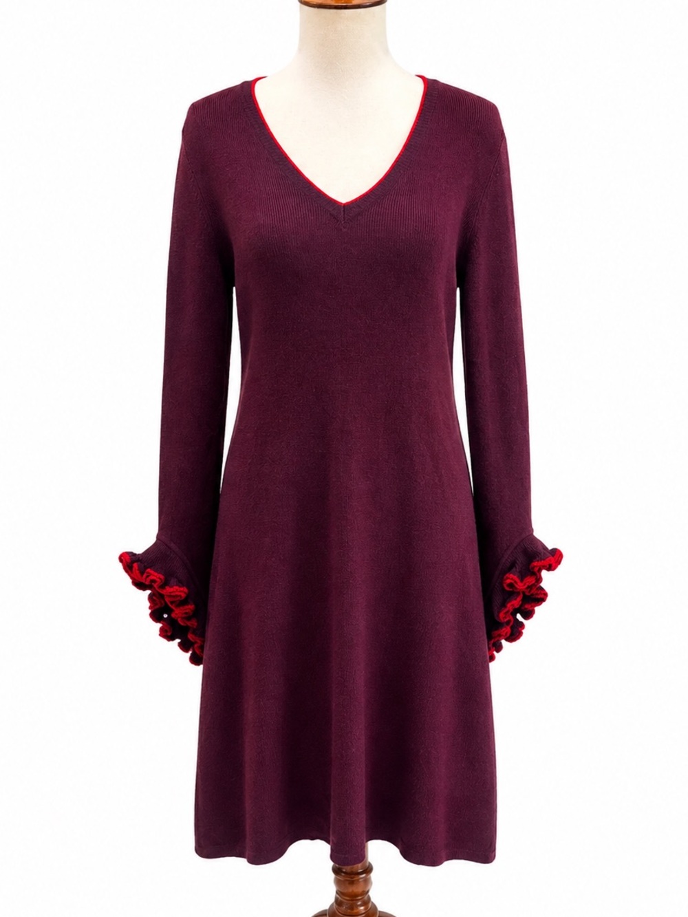 Milly vintage merino wool womens V-Neck Burgundy Knit Dress Red Ruffle Cuffs L